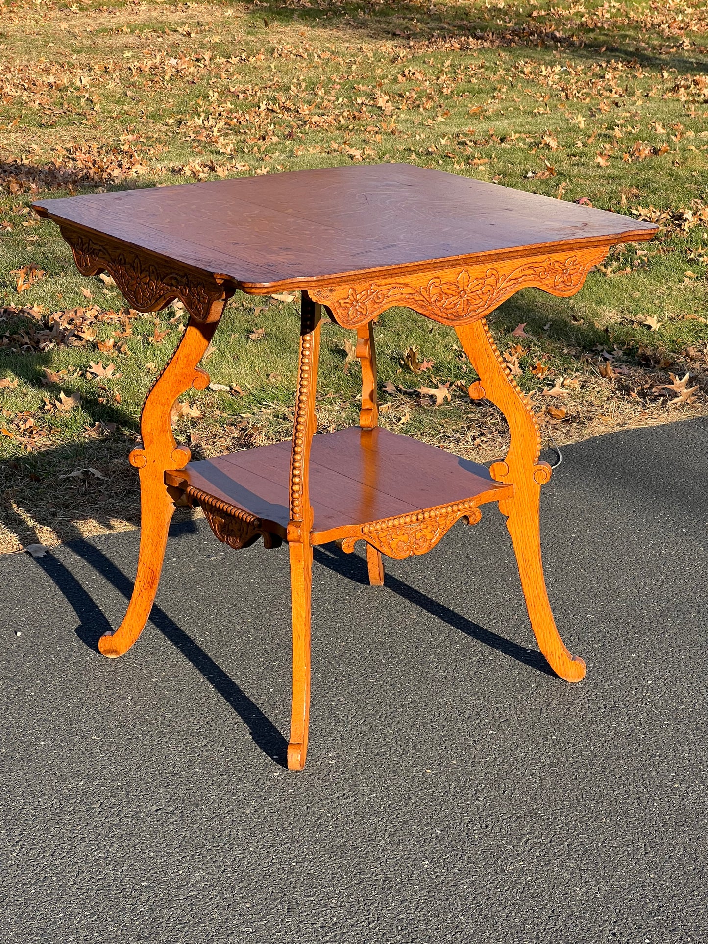 Antique Victorian Carved Tiger Oak End Table c. Late 1800s