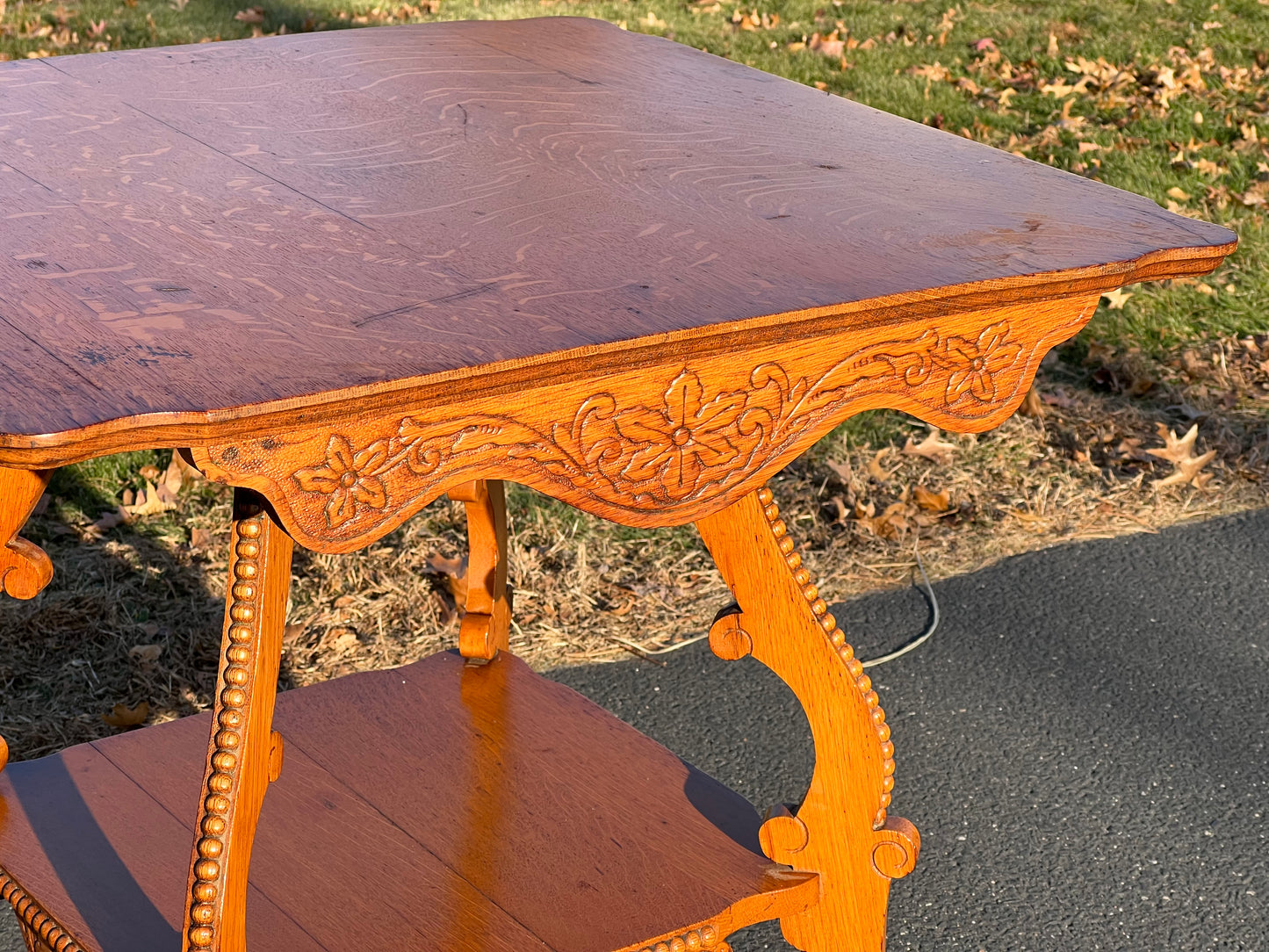 Antique Victorian Carved Tiger Oak End Table c. Late 1800s