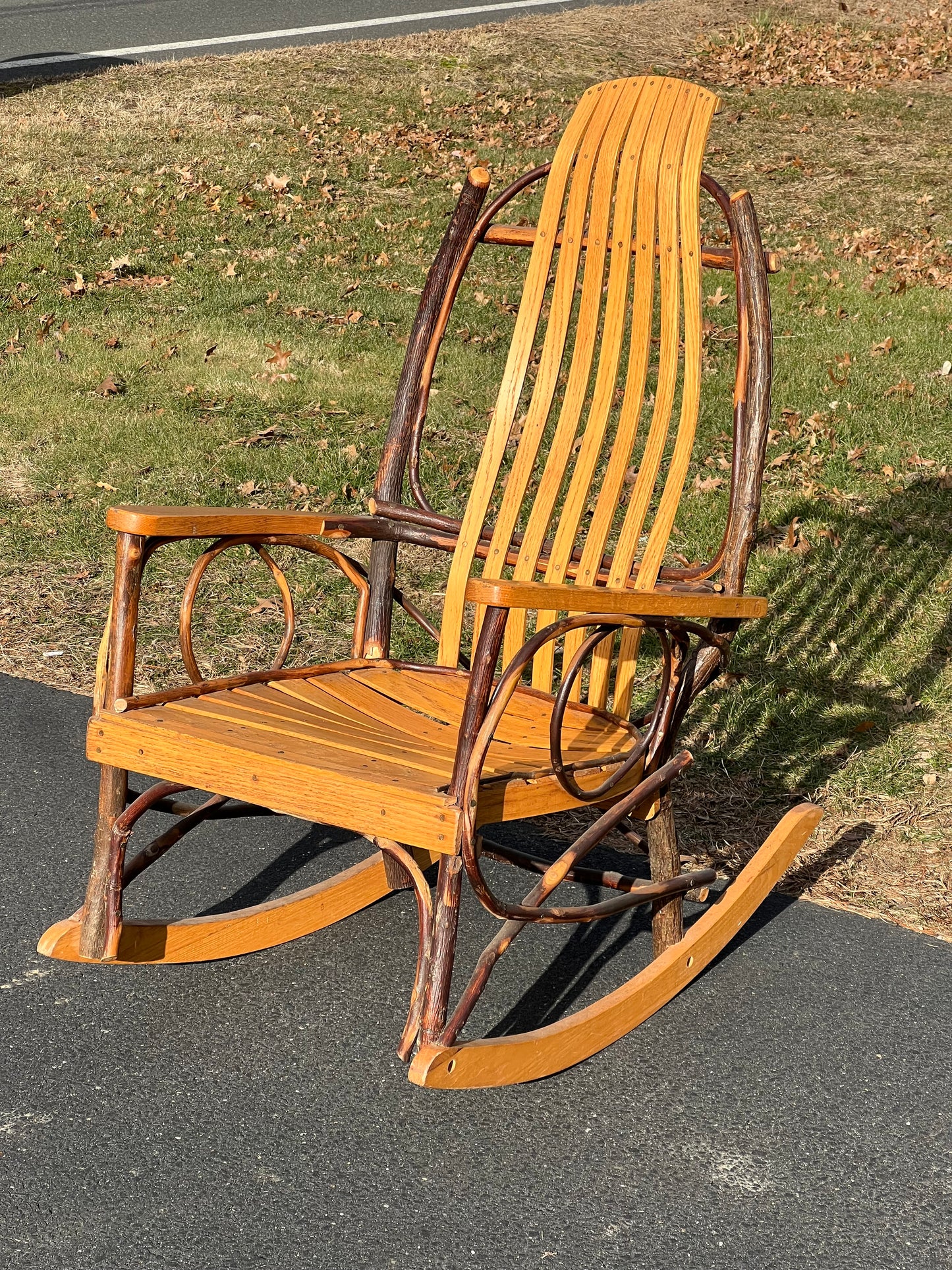 Vintage Amish Style Oak and Hickory Bent Wood Adirondack Rocker