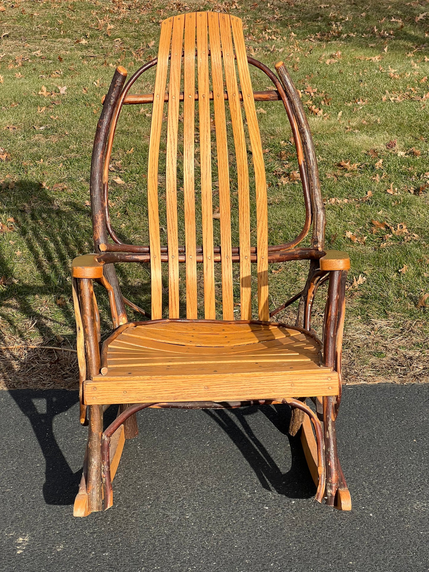 Vintage Amish Style Oak and Hickory Bent Wood Adirondack Rocker