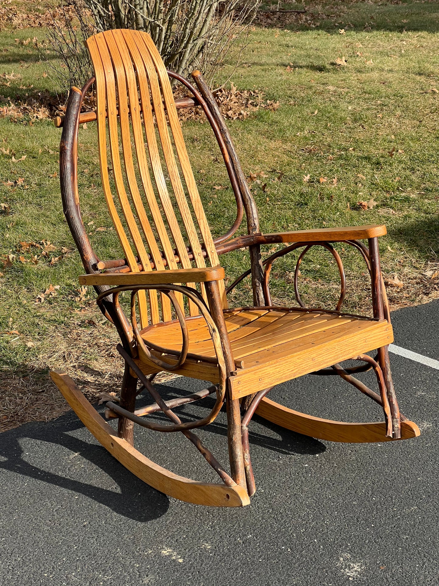 Vintage Amish Style Oak and Hickory Bent Wood Adirondack Rocker