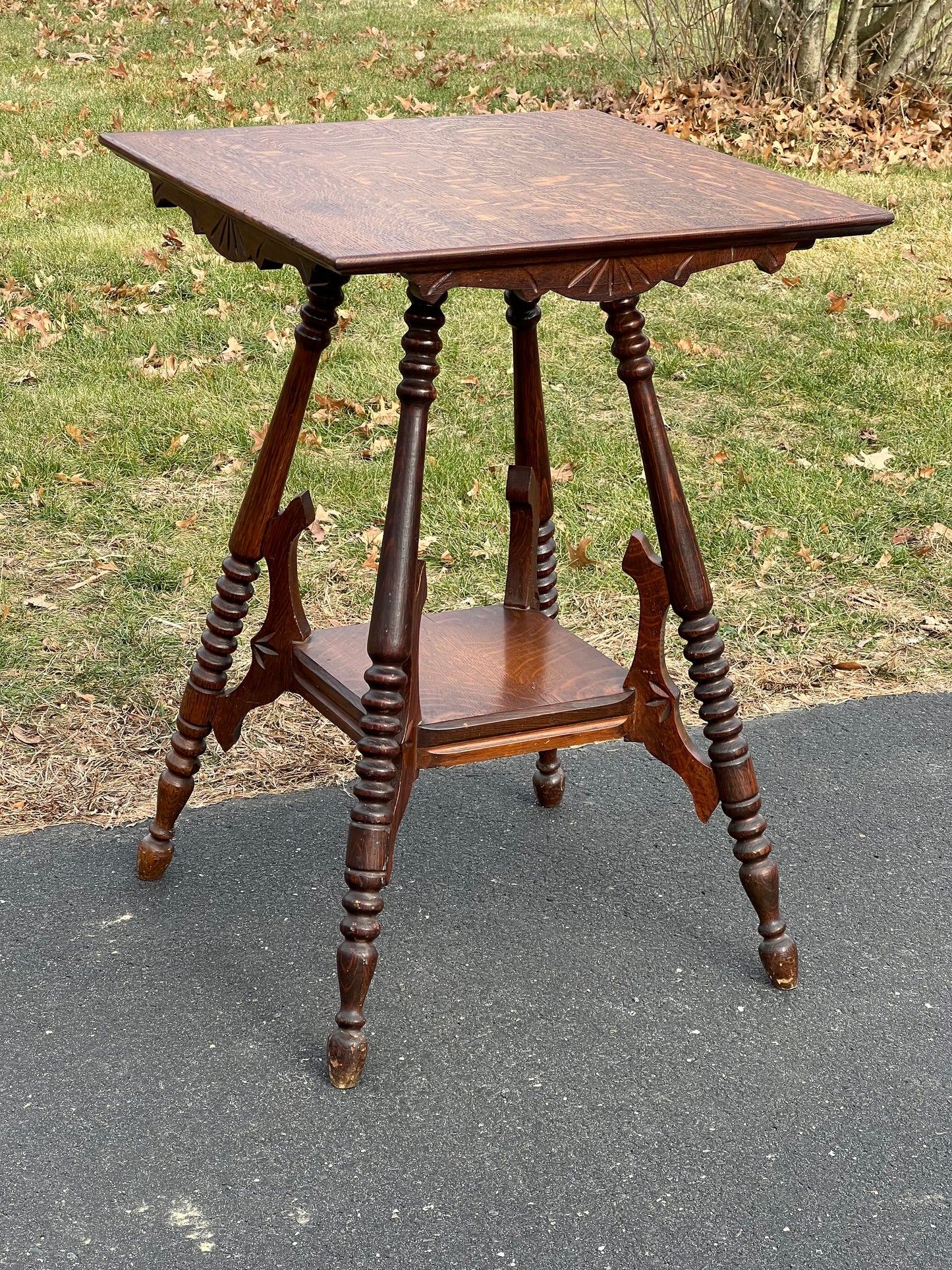 Antique Victorian Tiger Oak Two Tiered Lamp Stand