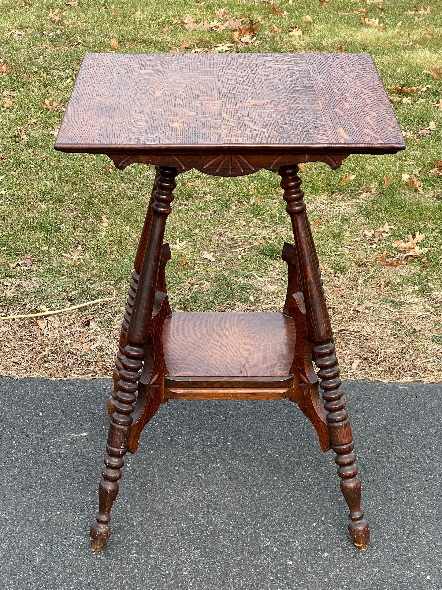 Antique Victorian Tiger Oak Two Tiered Lamp Stand