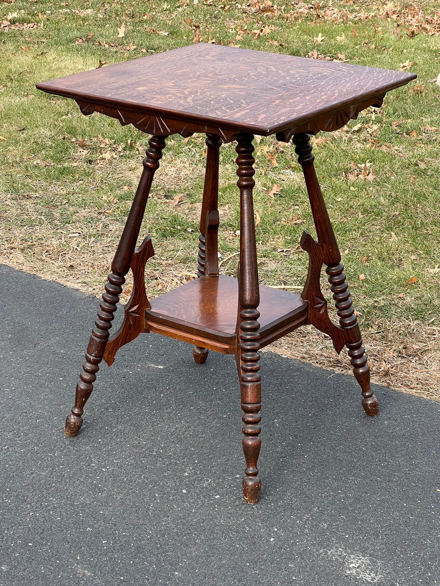 Antique Victorian Tiger Oak Two Tiered Lamp Stand