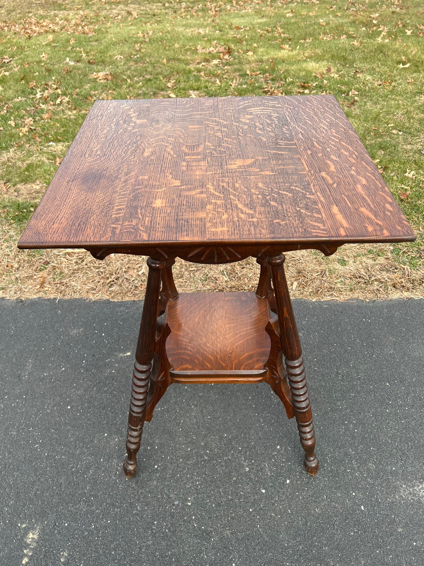 Antique Victorian Tiger Oak Two Tiered Lamp Stand