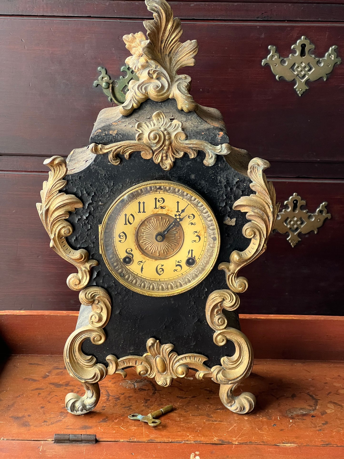 Antique Cast Iron Rococo Mantle Clock by Ansonia Clock Co. New York