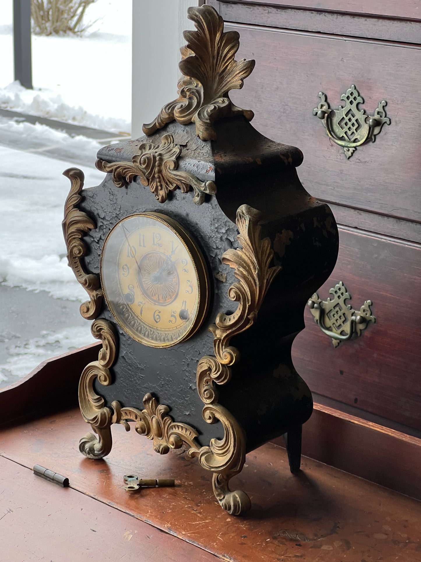 Antique Cast Iron Rococo Mantle Clock by Ansonia Clock Co. New York