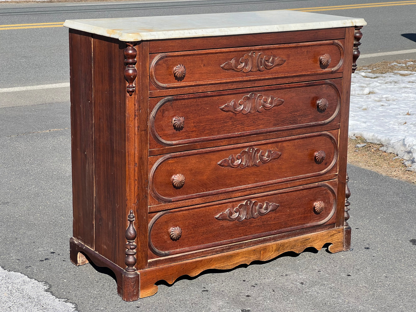 Early Victorian Walnut Four Drawer Marble Top Chest in the Rococo Style c. 1850