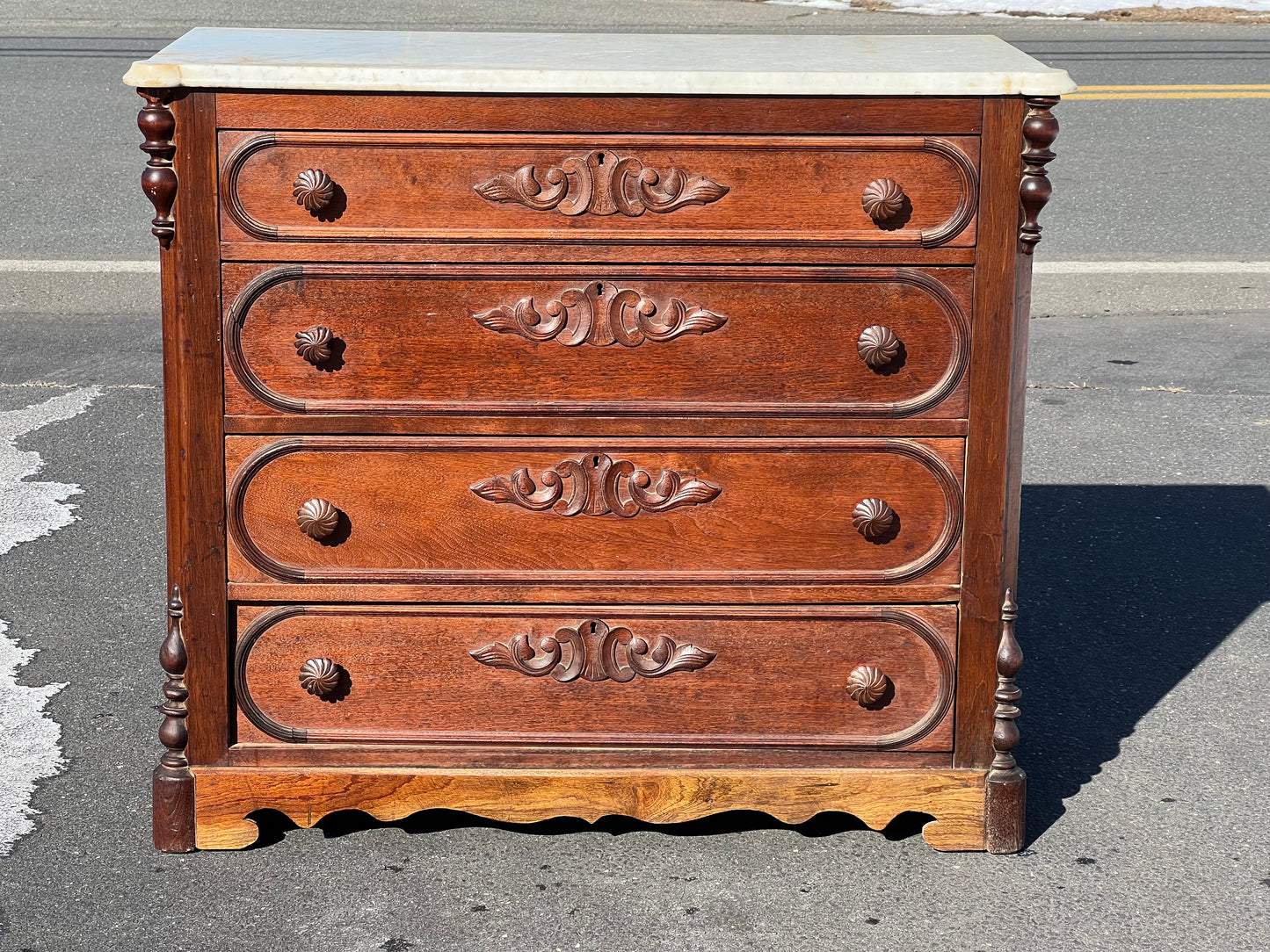 Early Victorian Walnut Four Drawer Marble Top Chest in the Rococo Style c. 1850