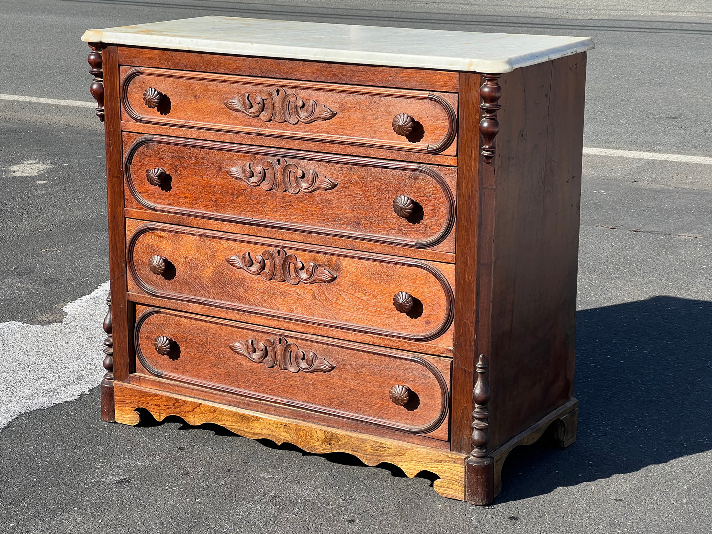 Early Victorian Walnut Four Drawer Marble Top Chest in the Rococo Style c. 1850