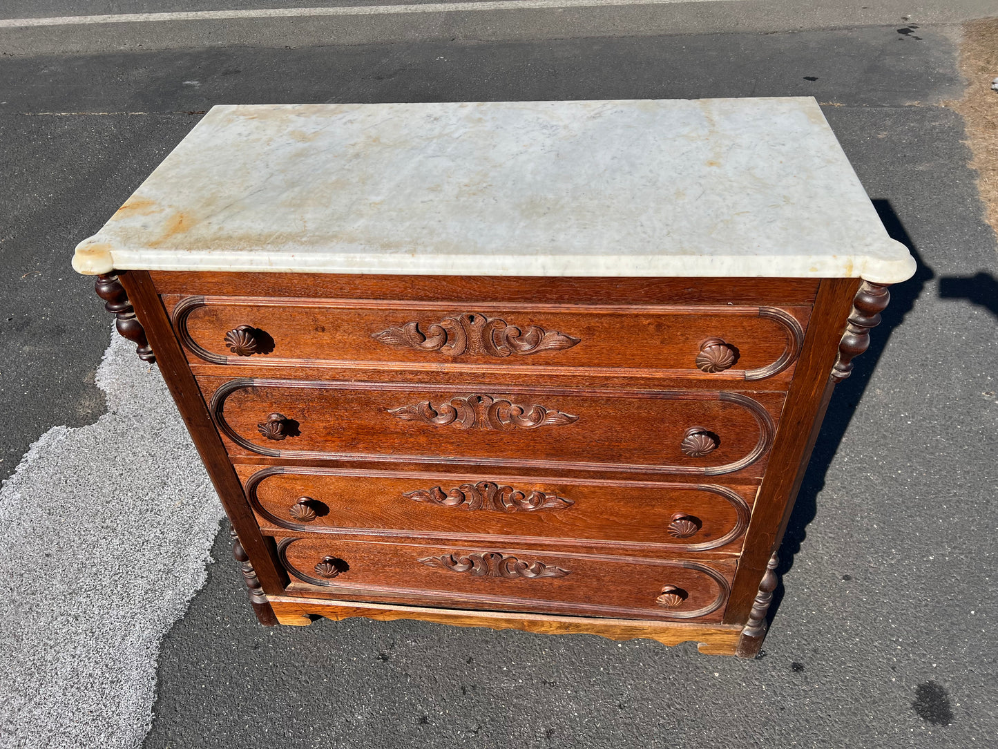 Early Victorian Walnut Four Drawer Marble Top Chest in the Rococo Style c. 1850