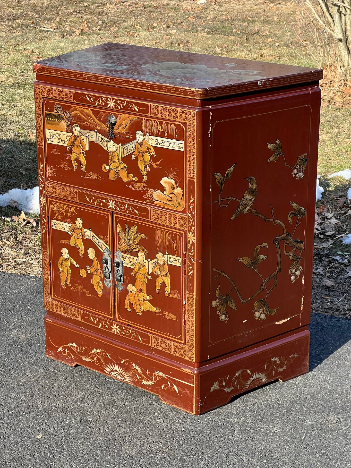 Antique Asian Fall Front Cabinet with Painted Decorations