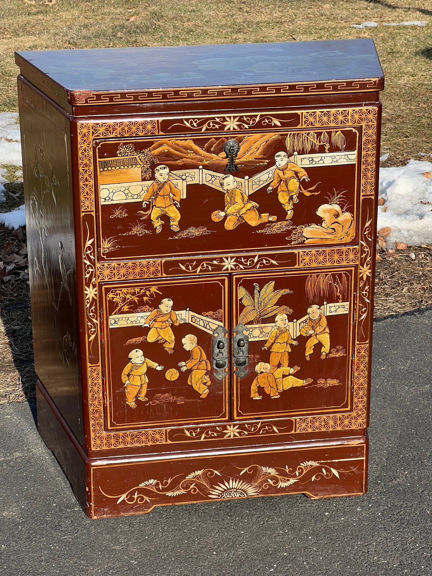 Antique Asian Fall Front Cabinet with Painted Decorations