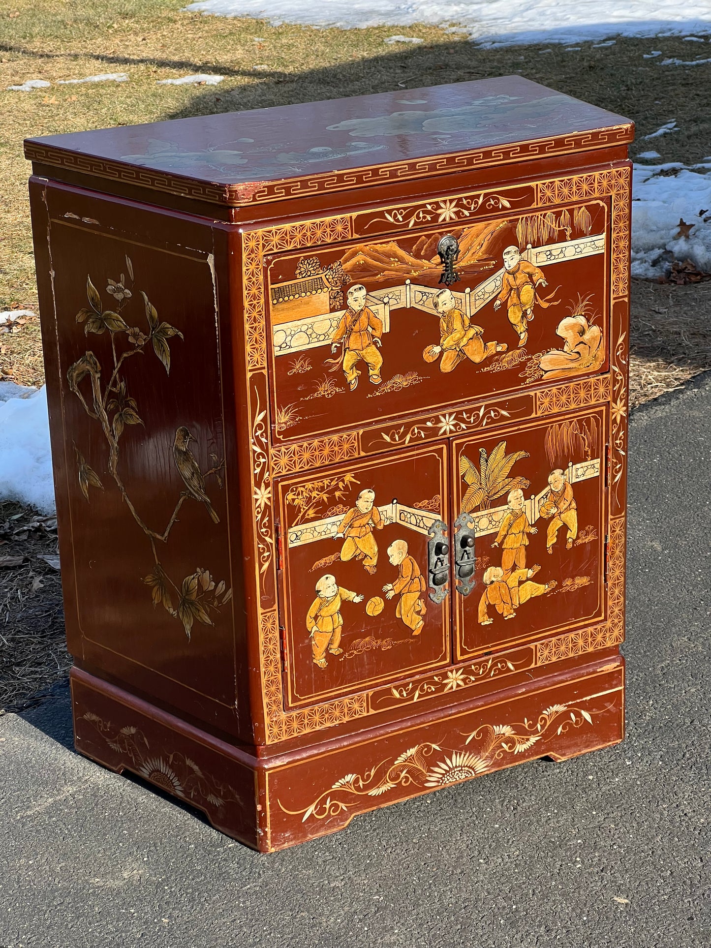 Antique Asian Fall Front Cabinet with Painted Decorations