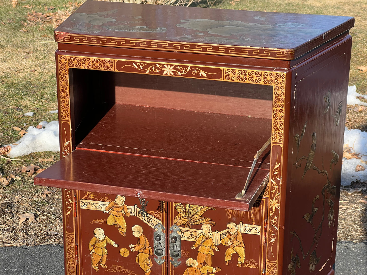 Antique Asian Fall Front Cabinet with Painted Decorations