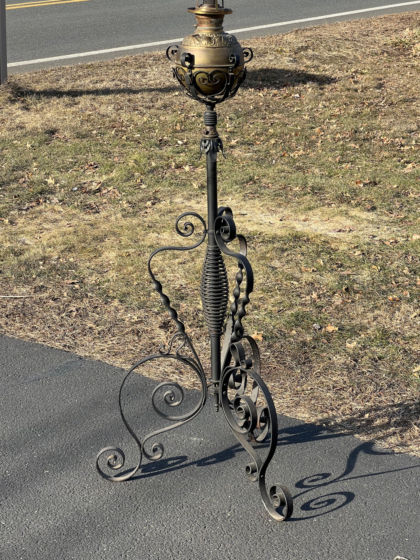 Antique Victorian Wrought Iron Floor Standing Oil Banquet Lamp