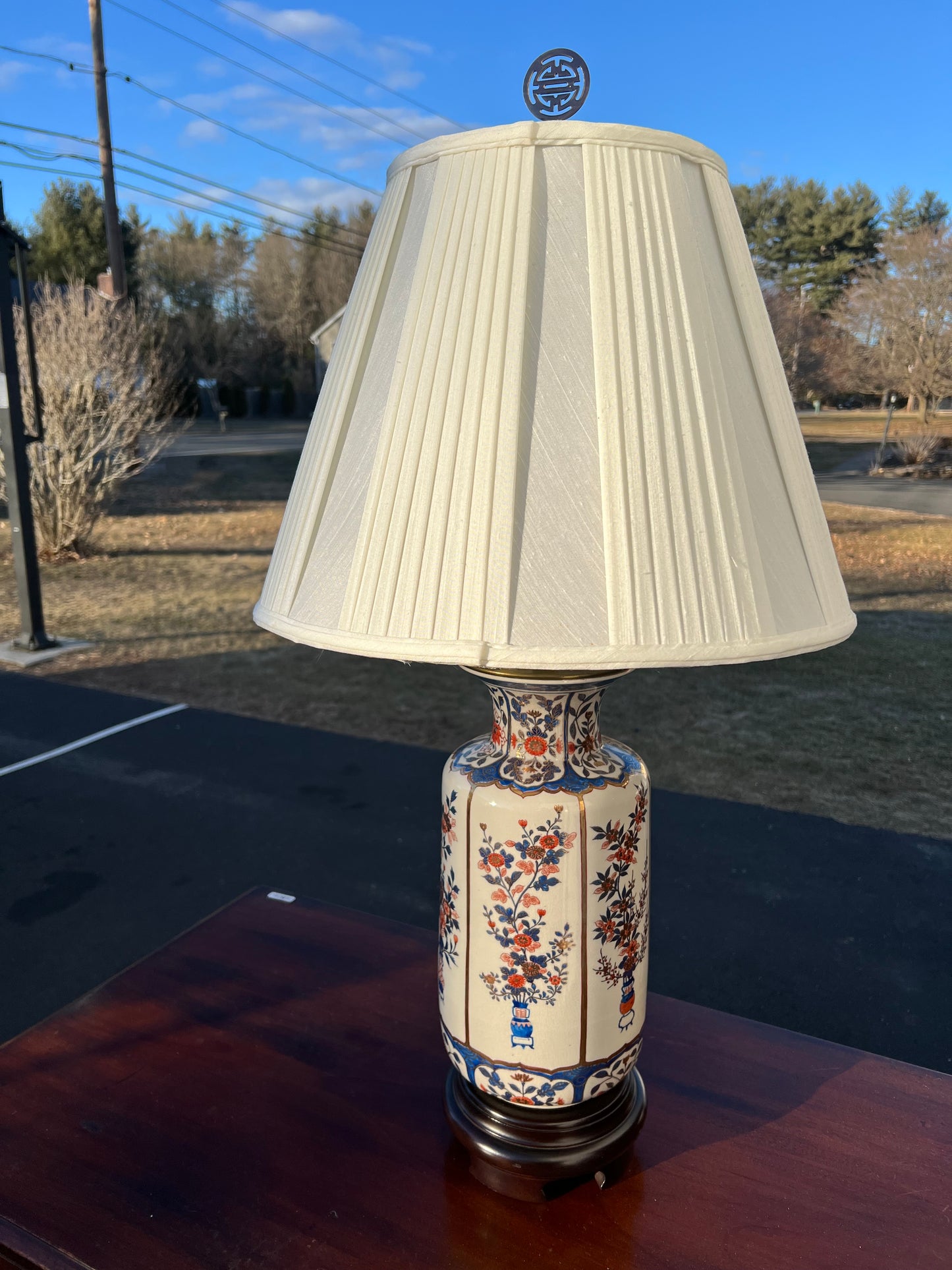 Vintage Asian Porcelain Urn Lamp and Shade