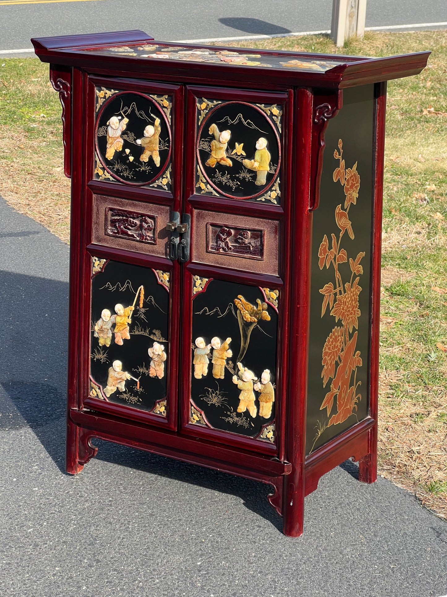 Vintage Asian Rosewood Cabinet with Hand Carved Stone in Relief