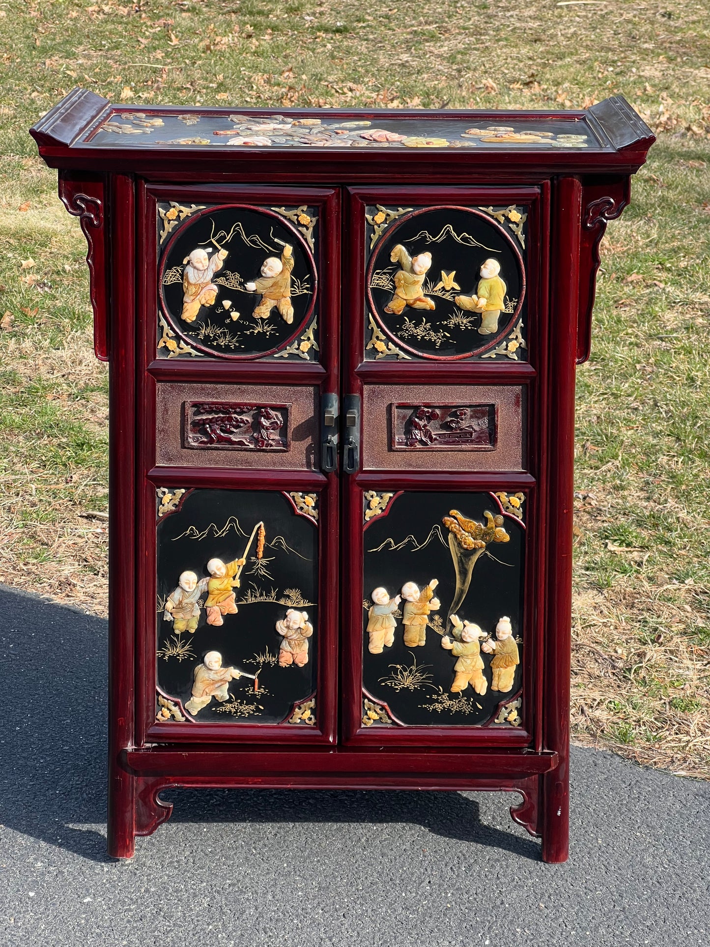 Vintage Asian Rosewood Cabinet with Hand Carved Stone in Relief