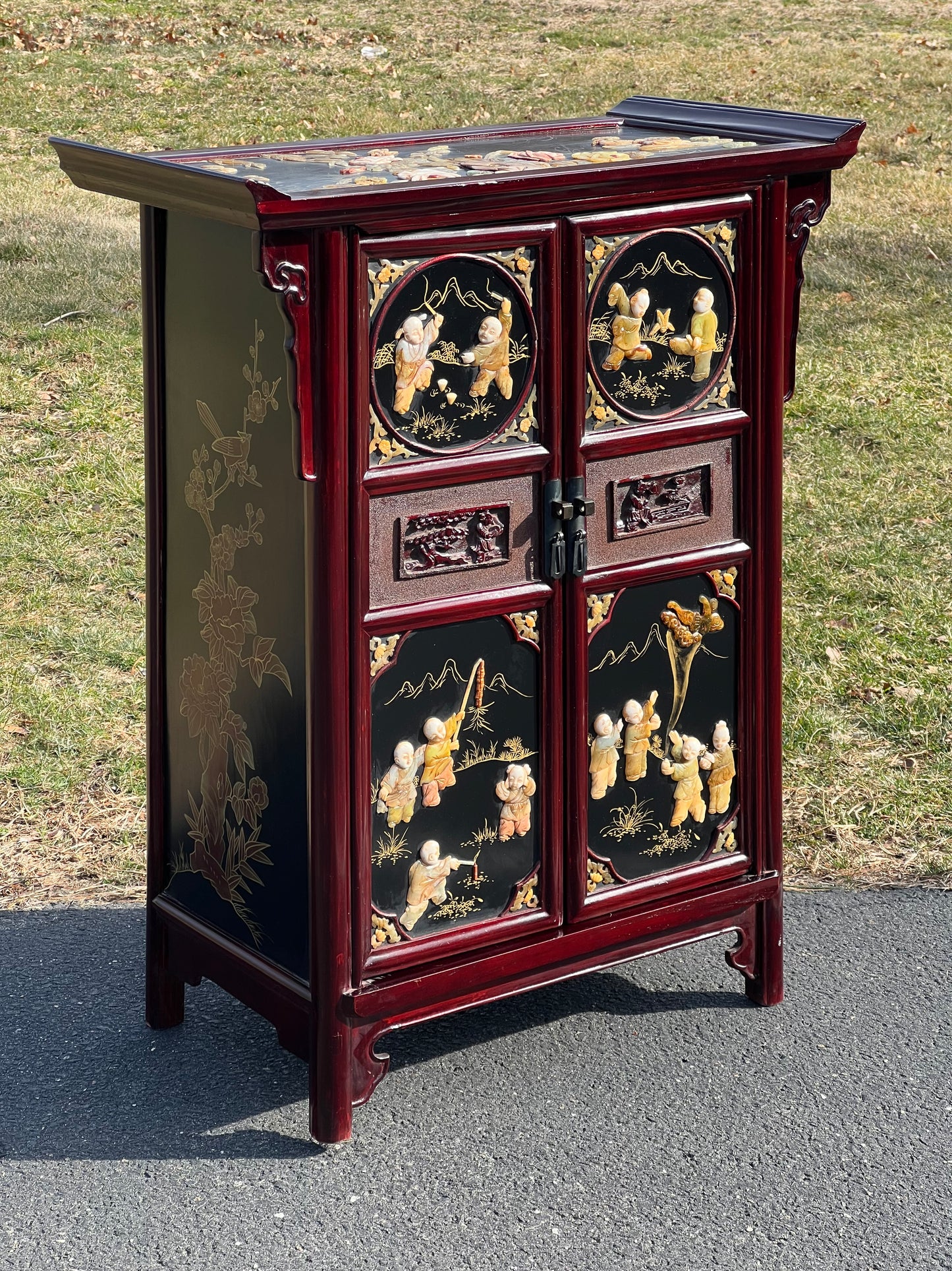 Vintage Asian Rosewood Cabinet with Hand Carved Stone in Relief