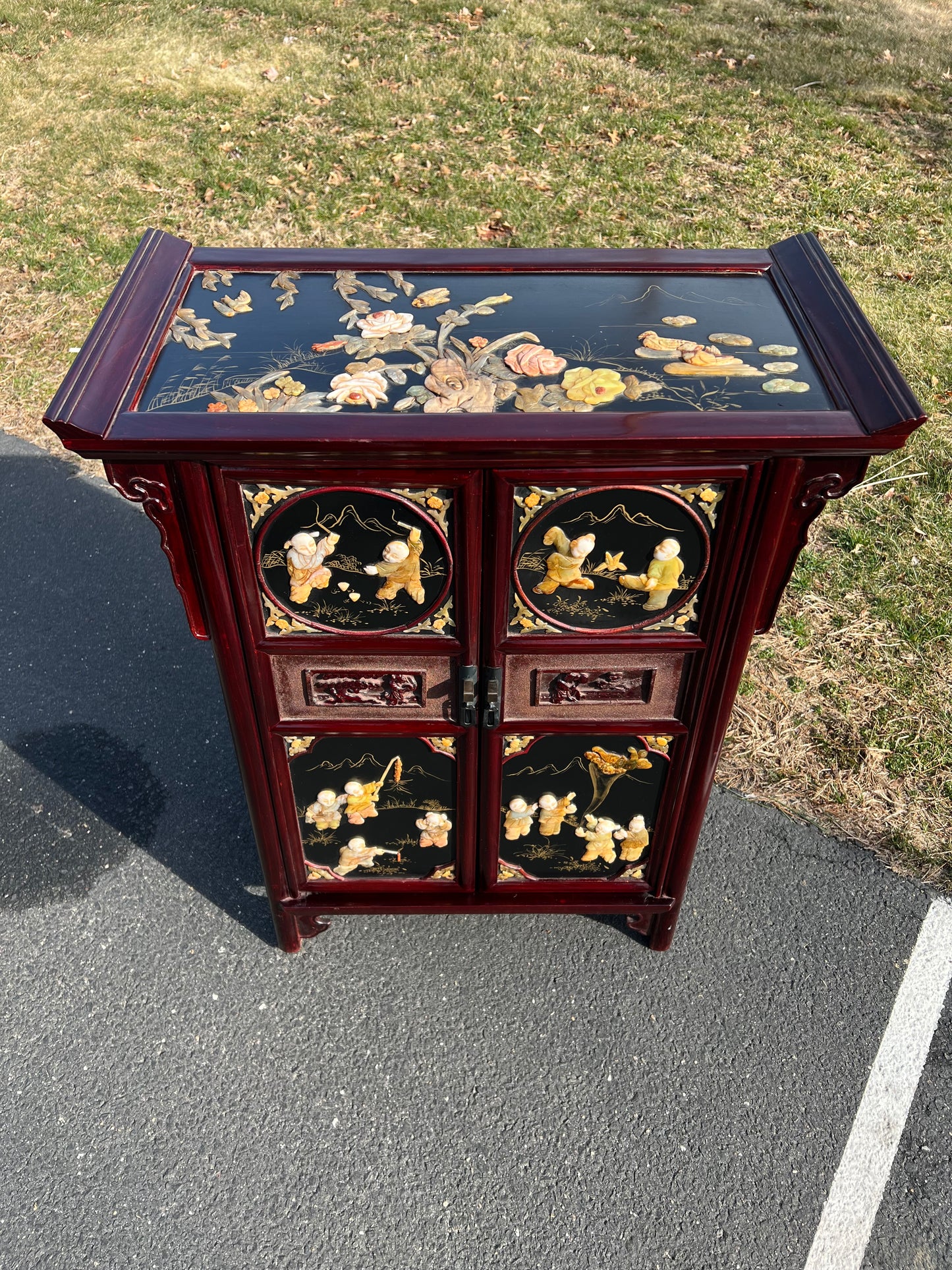 Vintage Asian Rosewood Cabinet with Hand Carved Stone in Relief