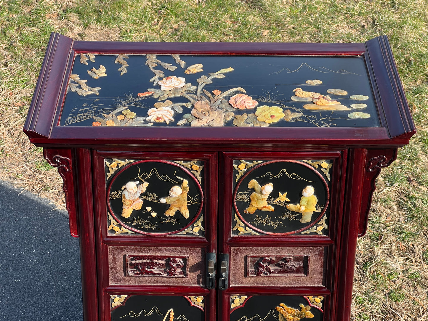 Vintage Asian Rosewood Cabinet with Hand Carved Stone in Relief