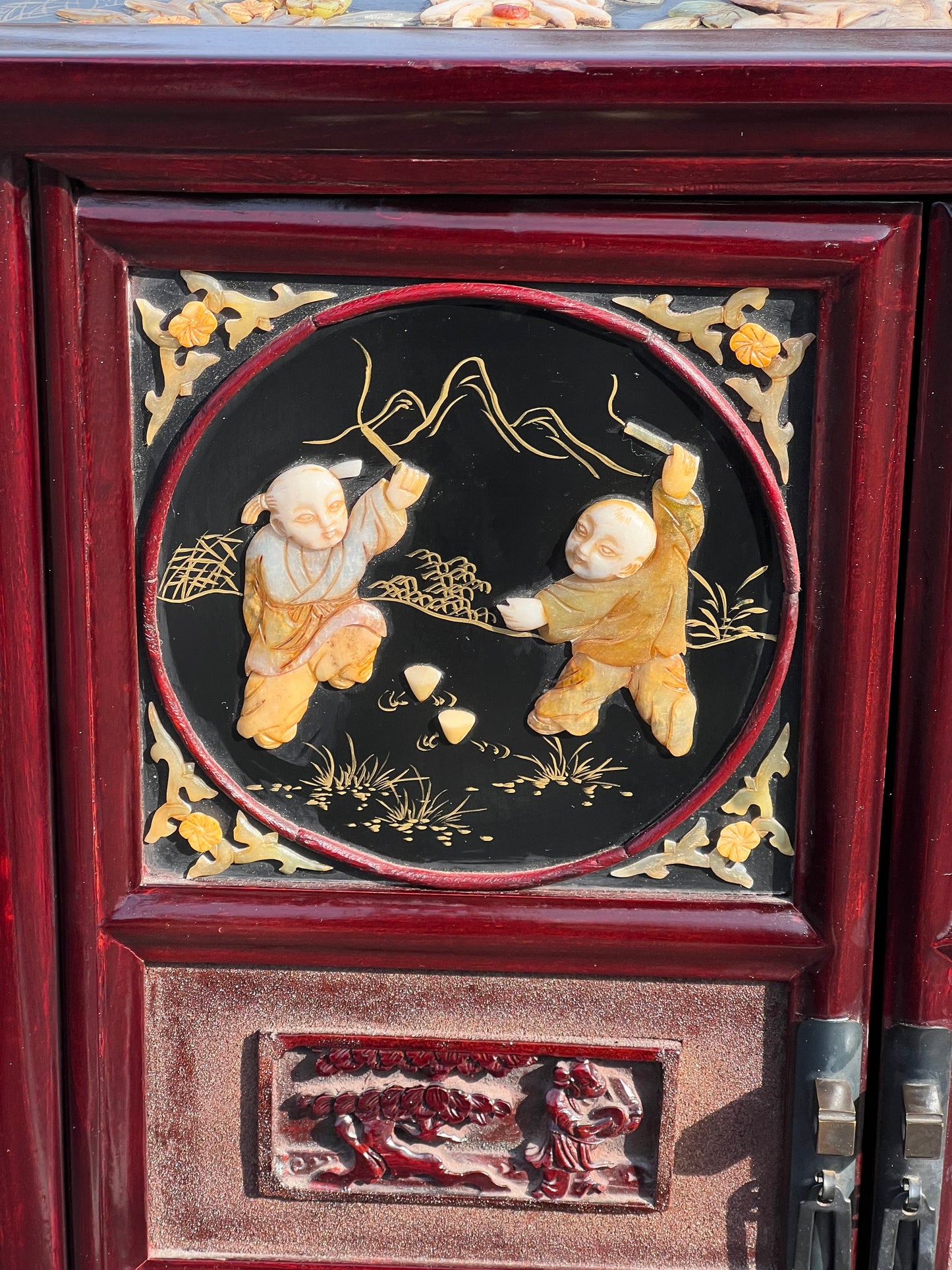 Vintage Asian Rosewood Cabinet with Hand Carved Stone in Relief