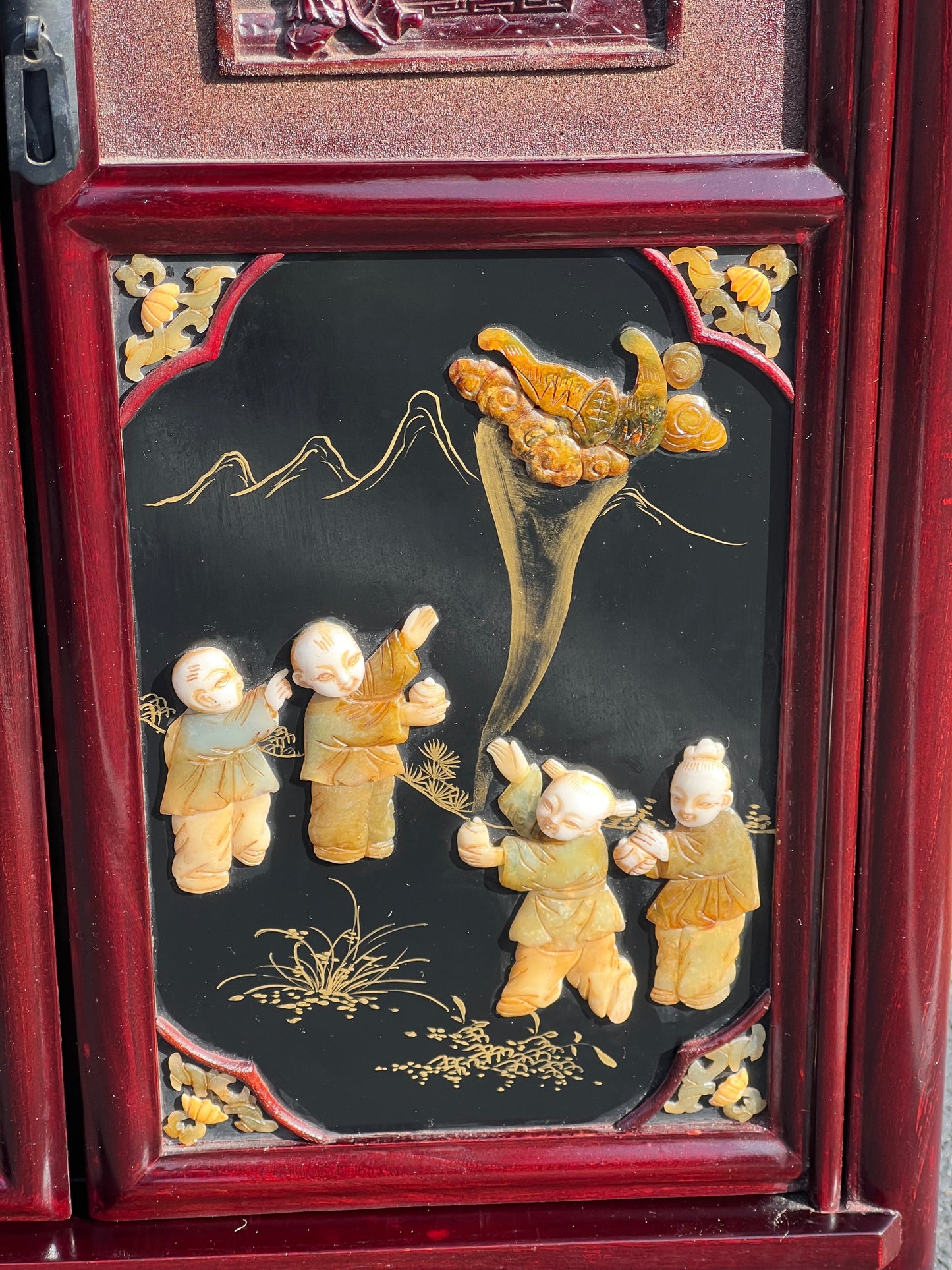 Vintage Asian Rosewood Cabinet with Hand Carved Stone in Relief