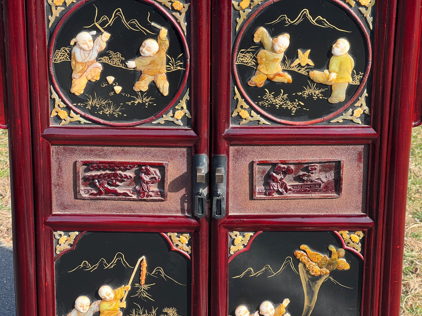 Vintage Asian Rosewood Cabinet with Hand Carved Stone in Relief