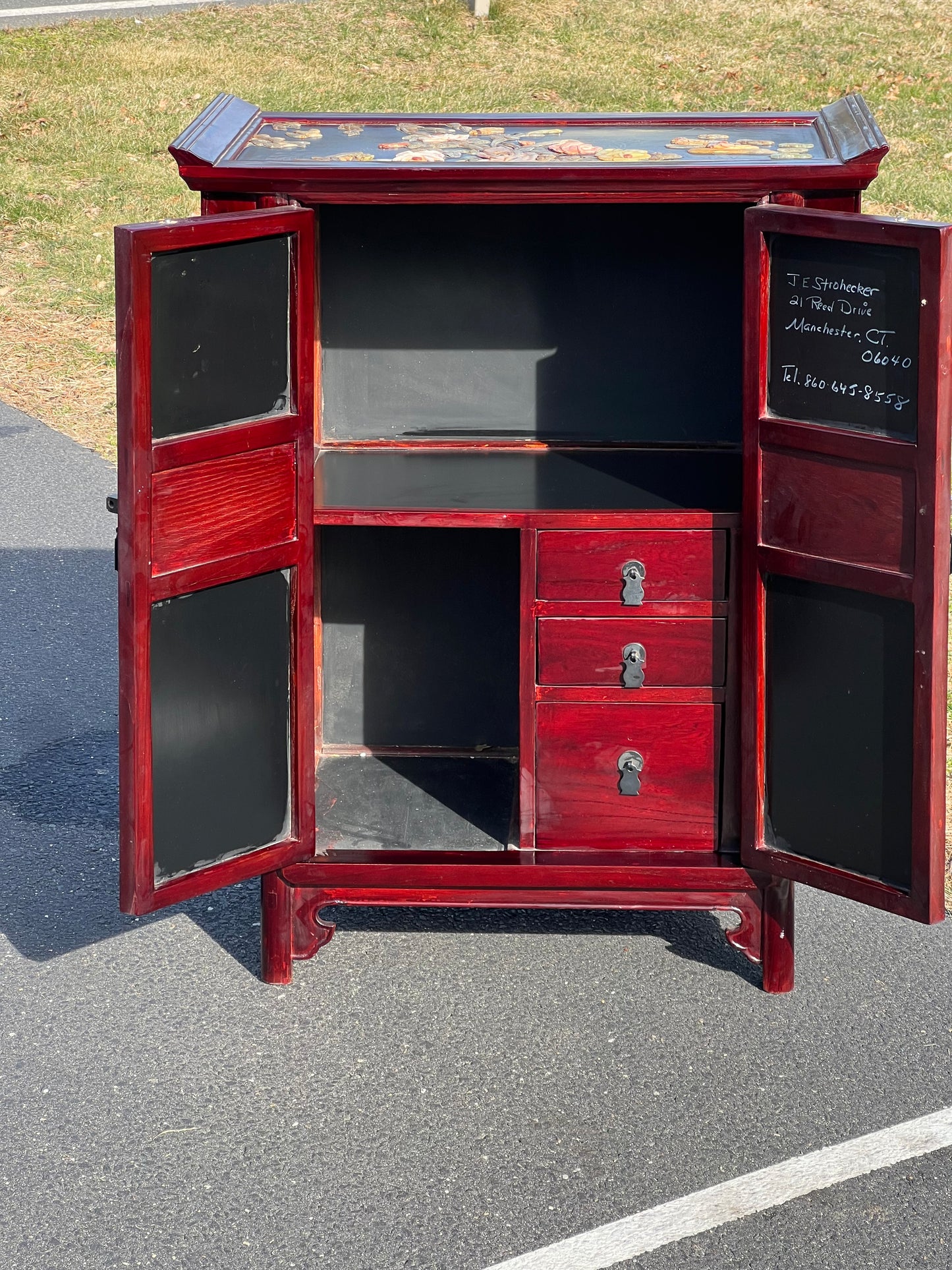 Vintage Asian Rosewood Cabinet with Hand Carved Stone in Relief