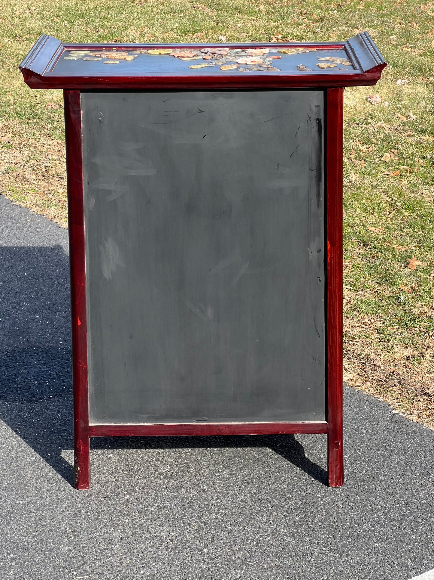 Vintage Asian Rosewood Cabinet with Hand Carved Stone in Relief