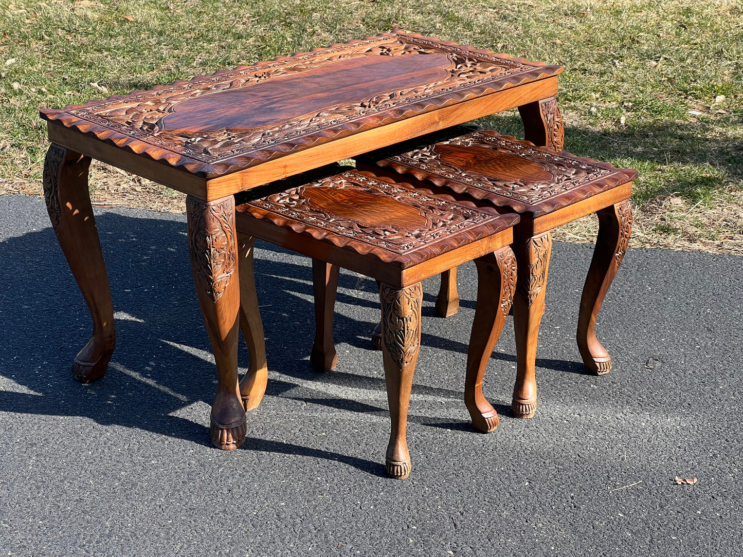 Vintage Hand Carved Asian Fruitwood Nesting Tables