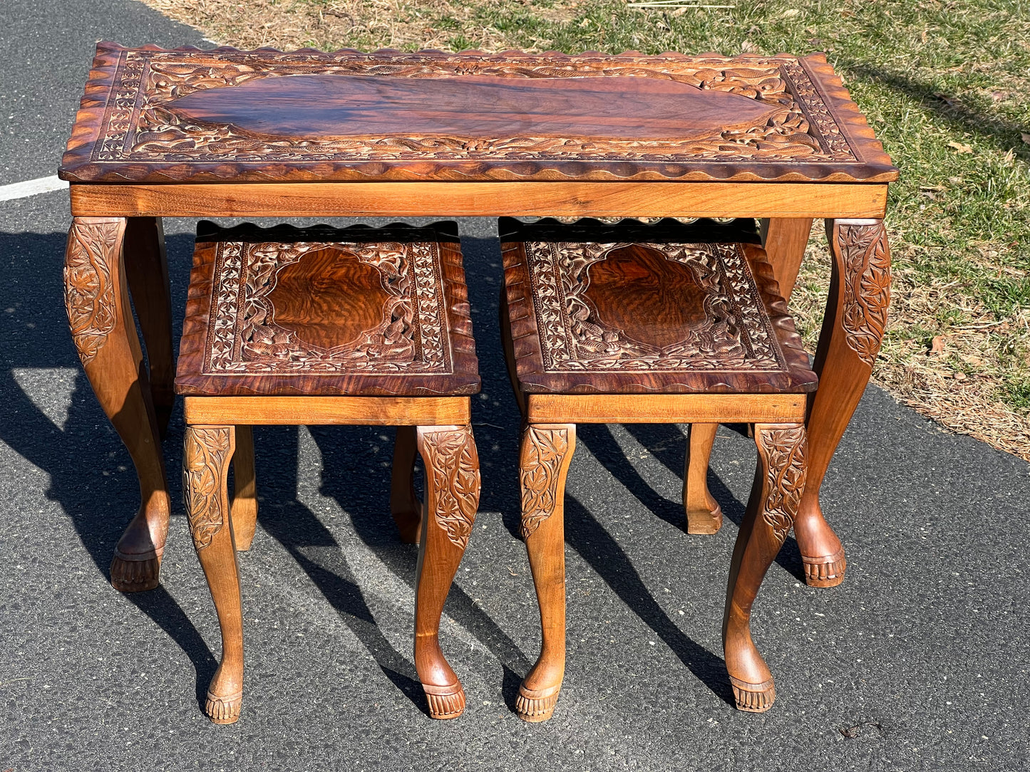 Vintage Hand Carved Asian Fruitwood Nesting Tables