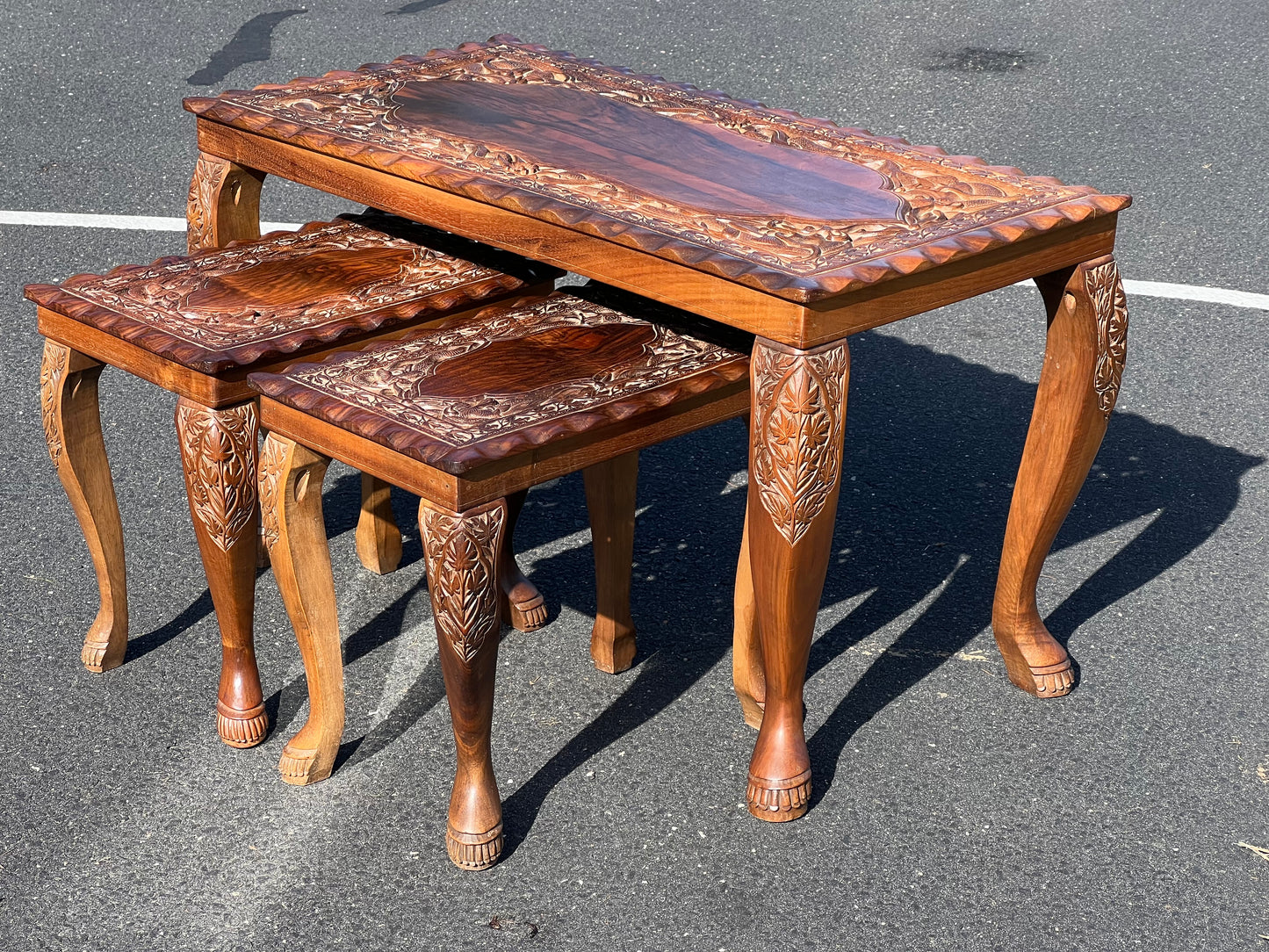 Vintage Hand Carved Asian Fruitwood Nesting Tables