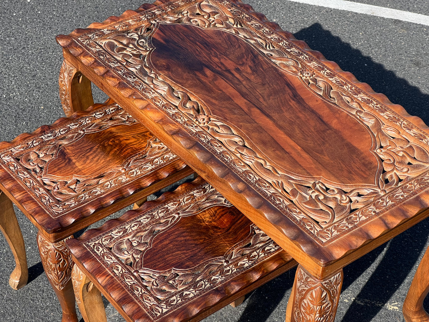 Vintage Hand Carved Asian Fruitwood Nesting Tables