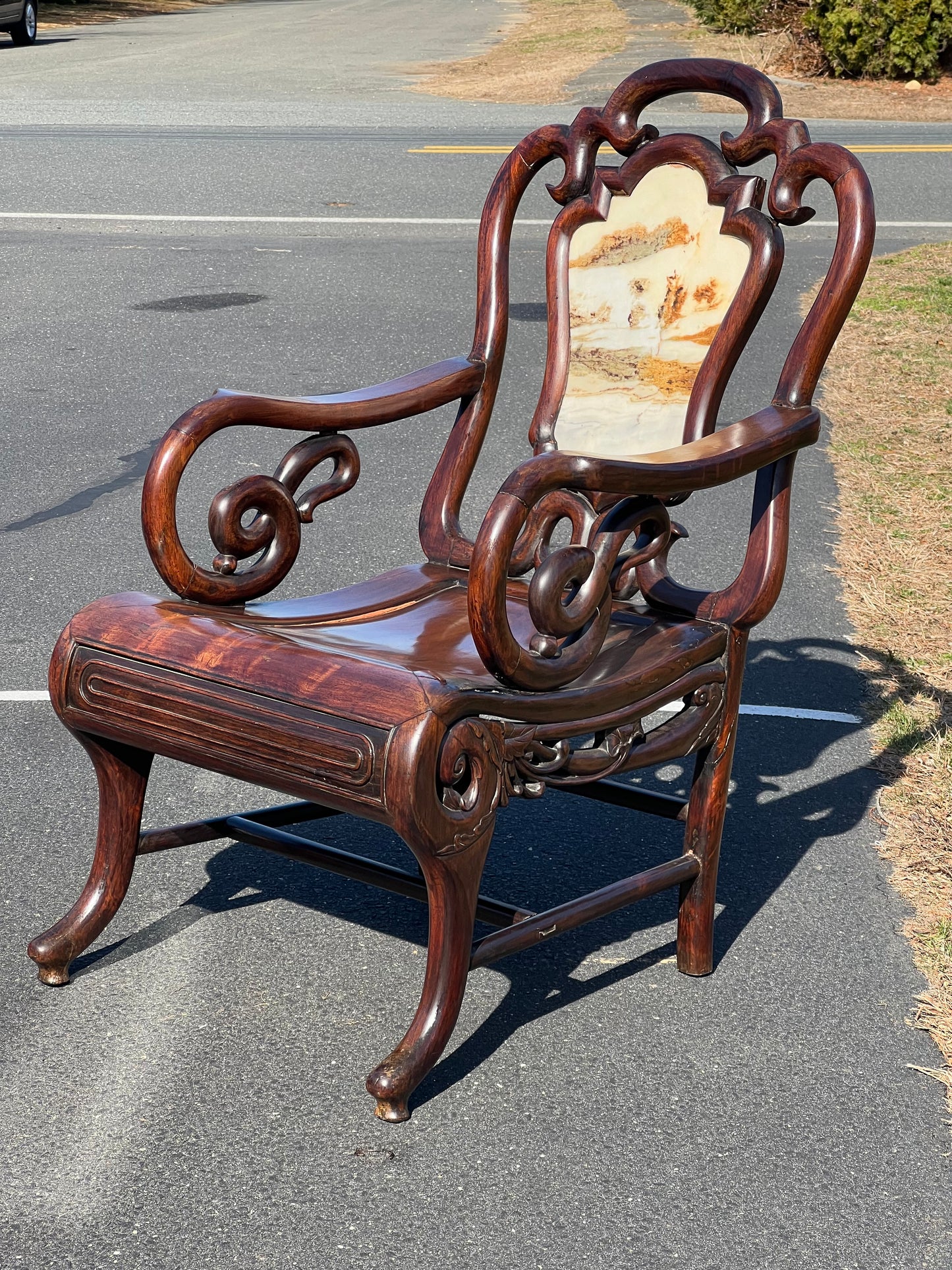 Vintage Chinese Parlor Throne with Inset Marble Splat