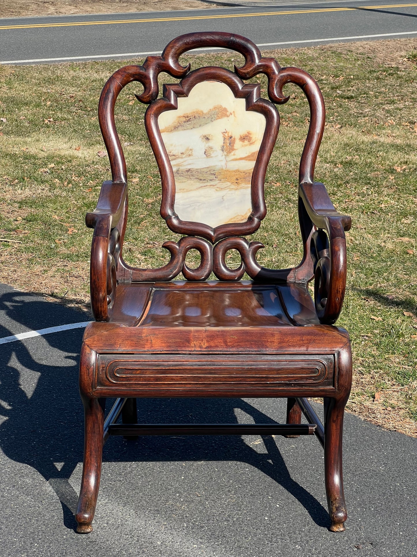 Vintage Chinese Parlor Throne with Inset Marble Splat