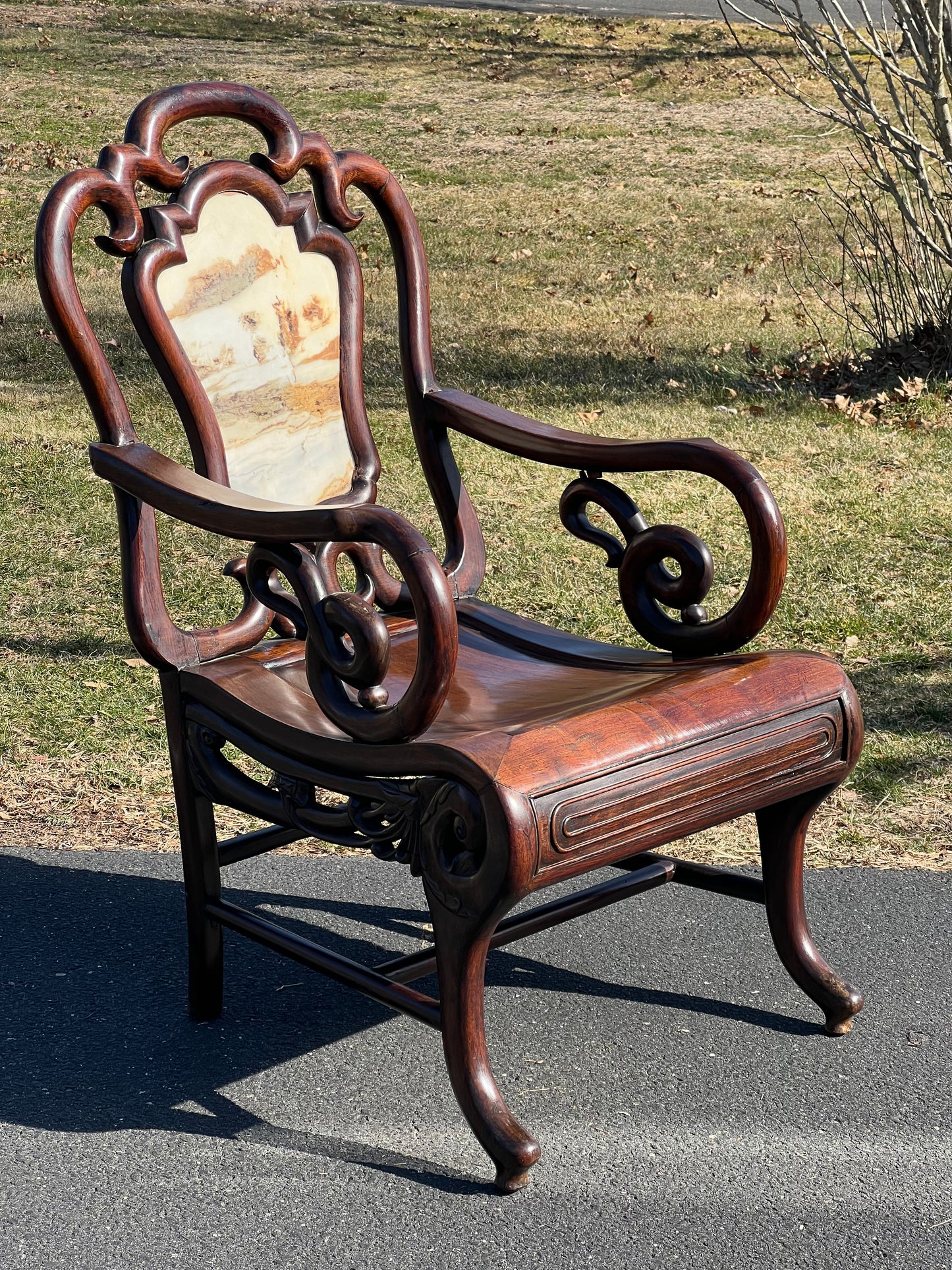 Vintage Chinese Parlor Throne with Inset Marble Splat