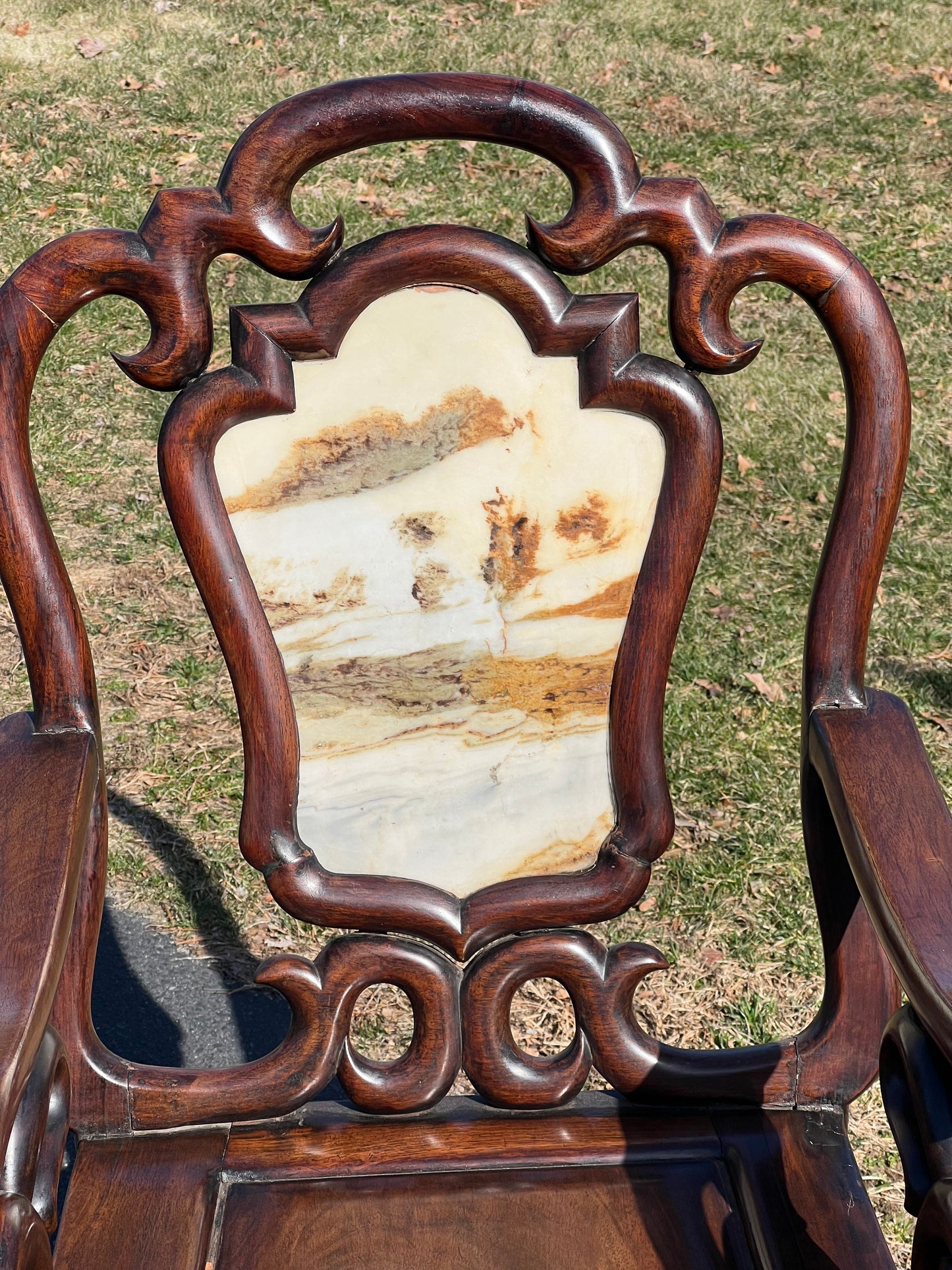 Vintage Chinese Parlor Throne with Inset Marble Splat