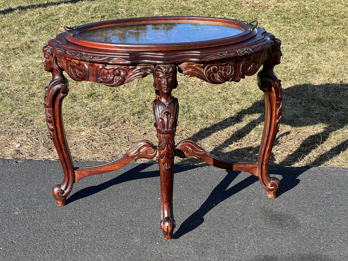 Antique Carved French Renaissance Revival Tea Table with Glass Butlers Tray c. Late 19th Century