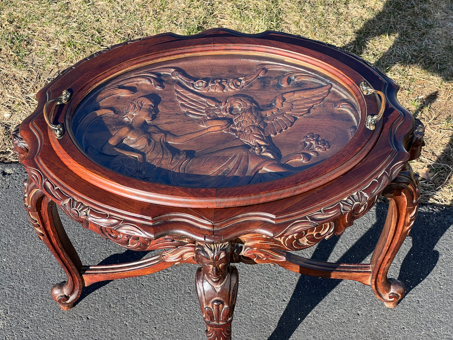 Antique Carved French Renaissance Revival Tea Table with Glass Butlers Tray c. Late 19th Century