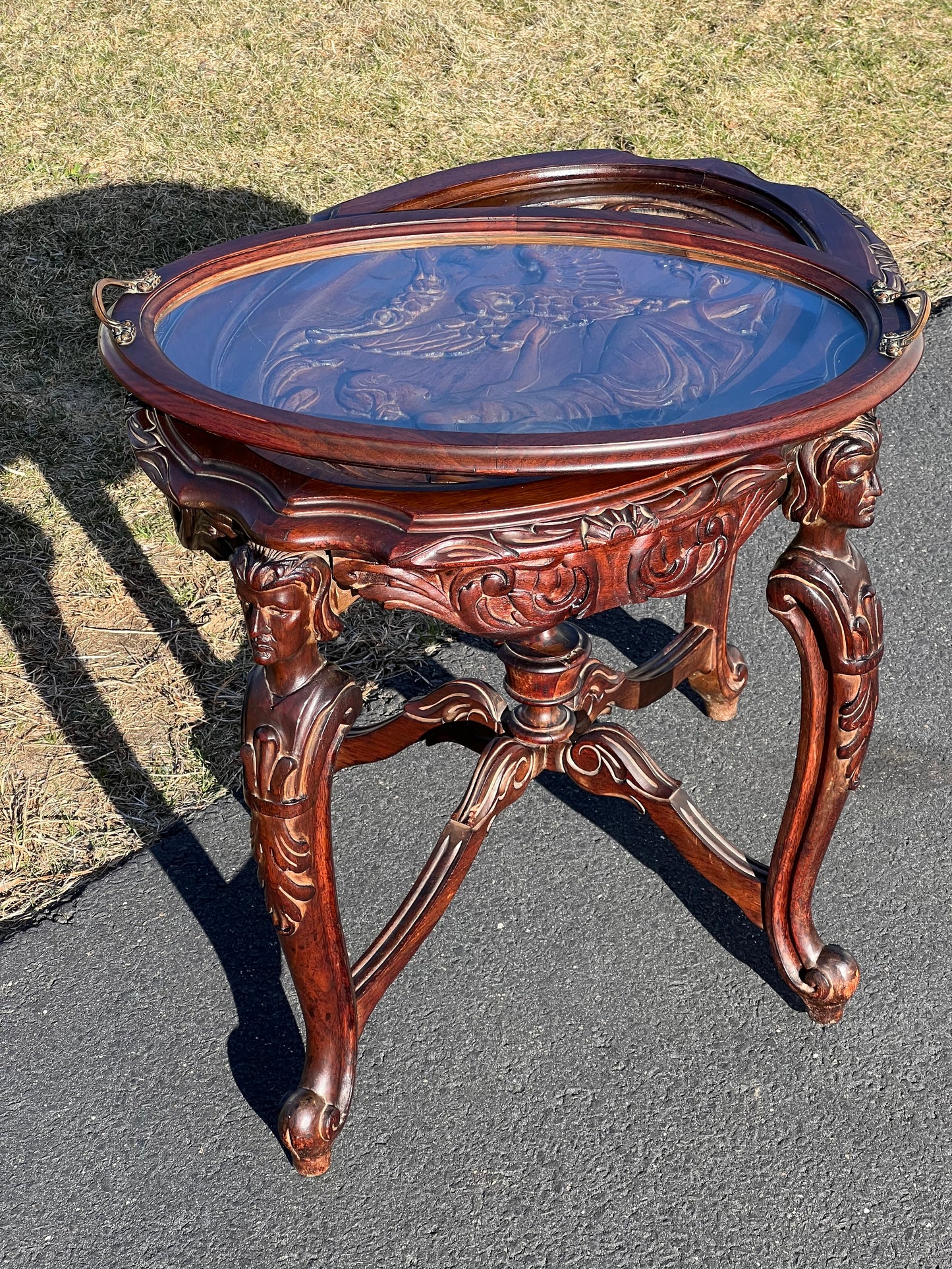 Antique Carved French Renaissance Revival Tea Table with Glass Butlers Tray c. Late 19th Century