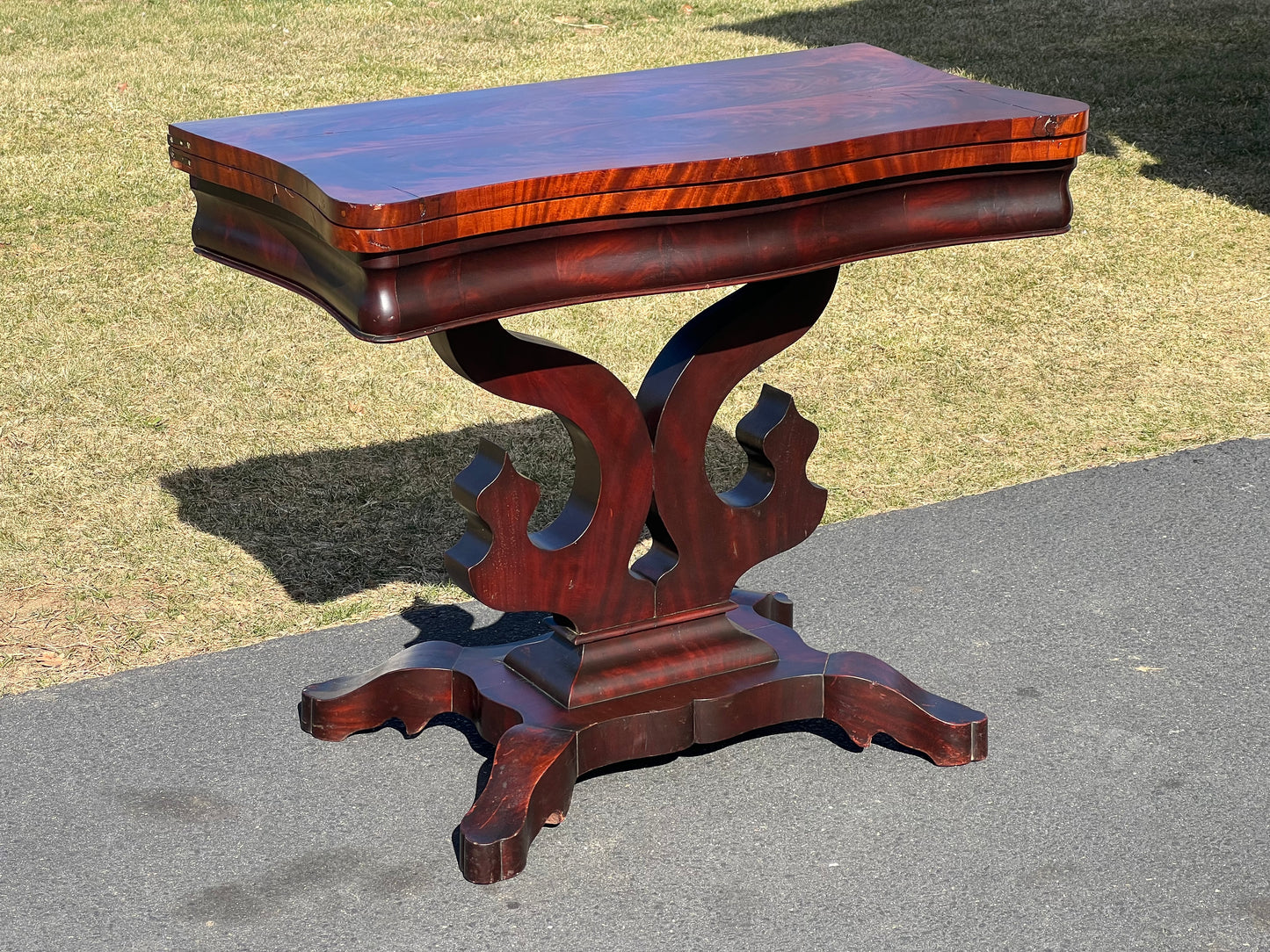 Antique American Empire Flame Mahogany Game Table c. 1840