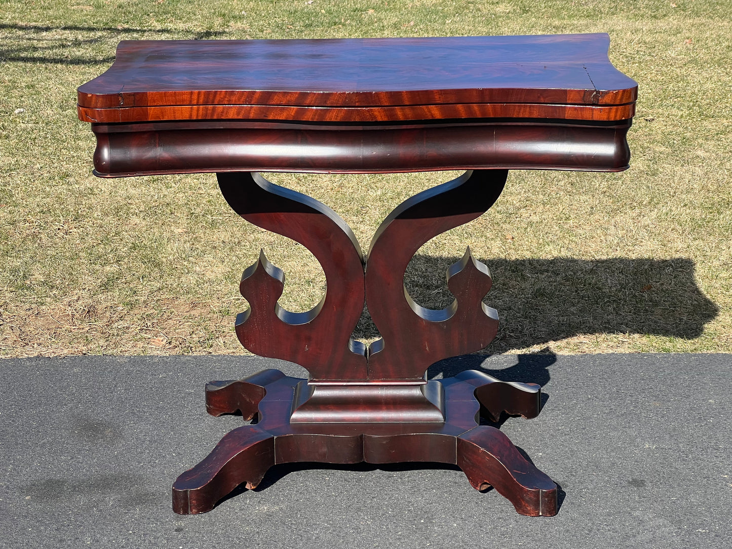 Antique American Empire Flame Mahogany Game Table c. 1840