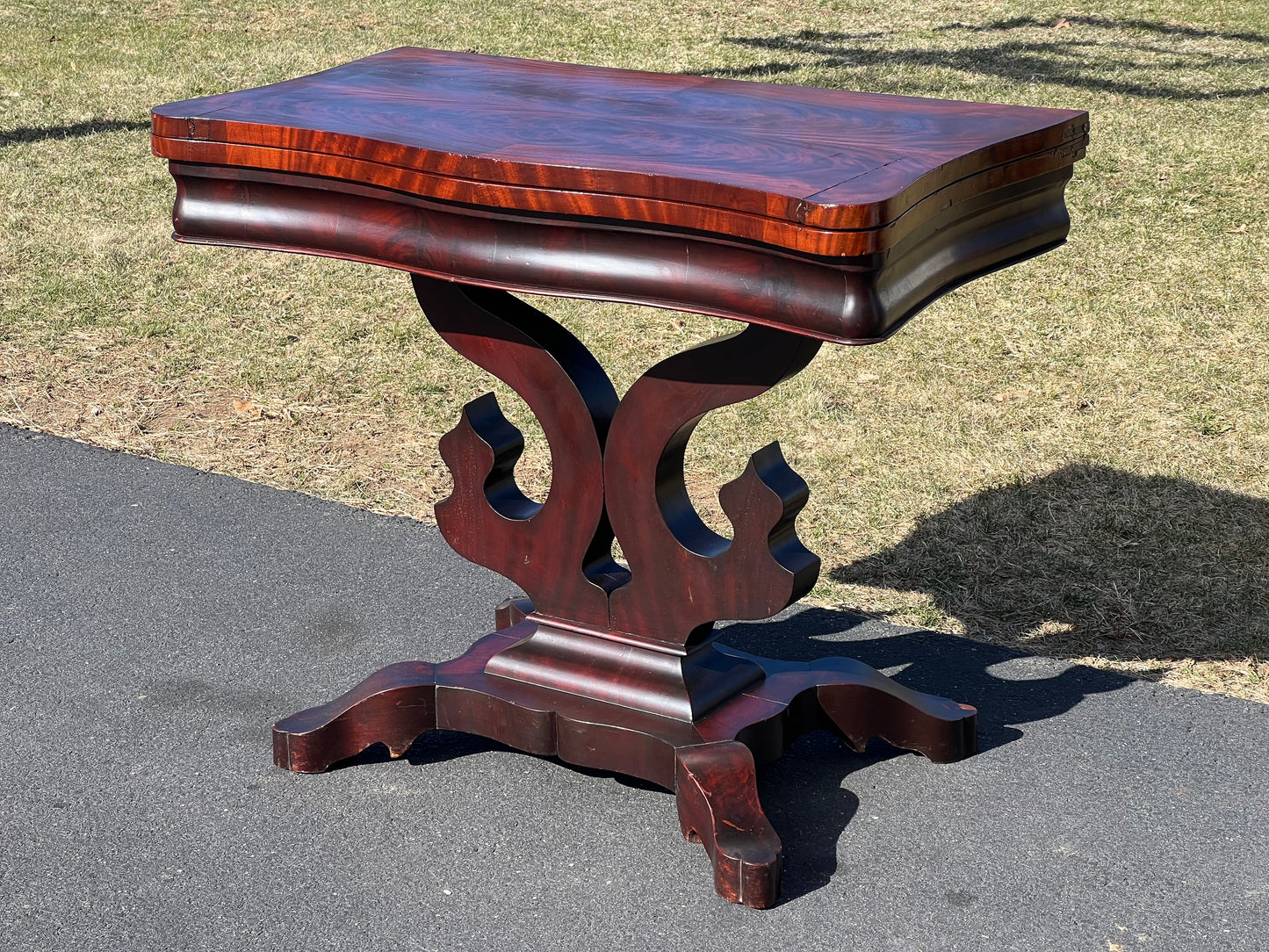 Antique American Empire Flame Mahogany Game Table c. 1840