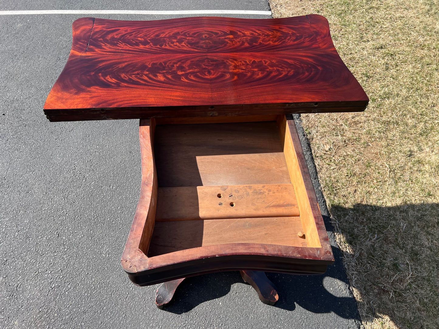 Antique American Empire Flame Mahogany Game Table c. 1840