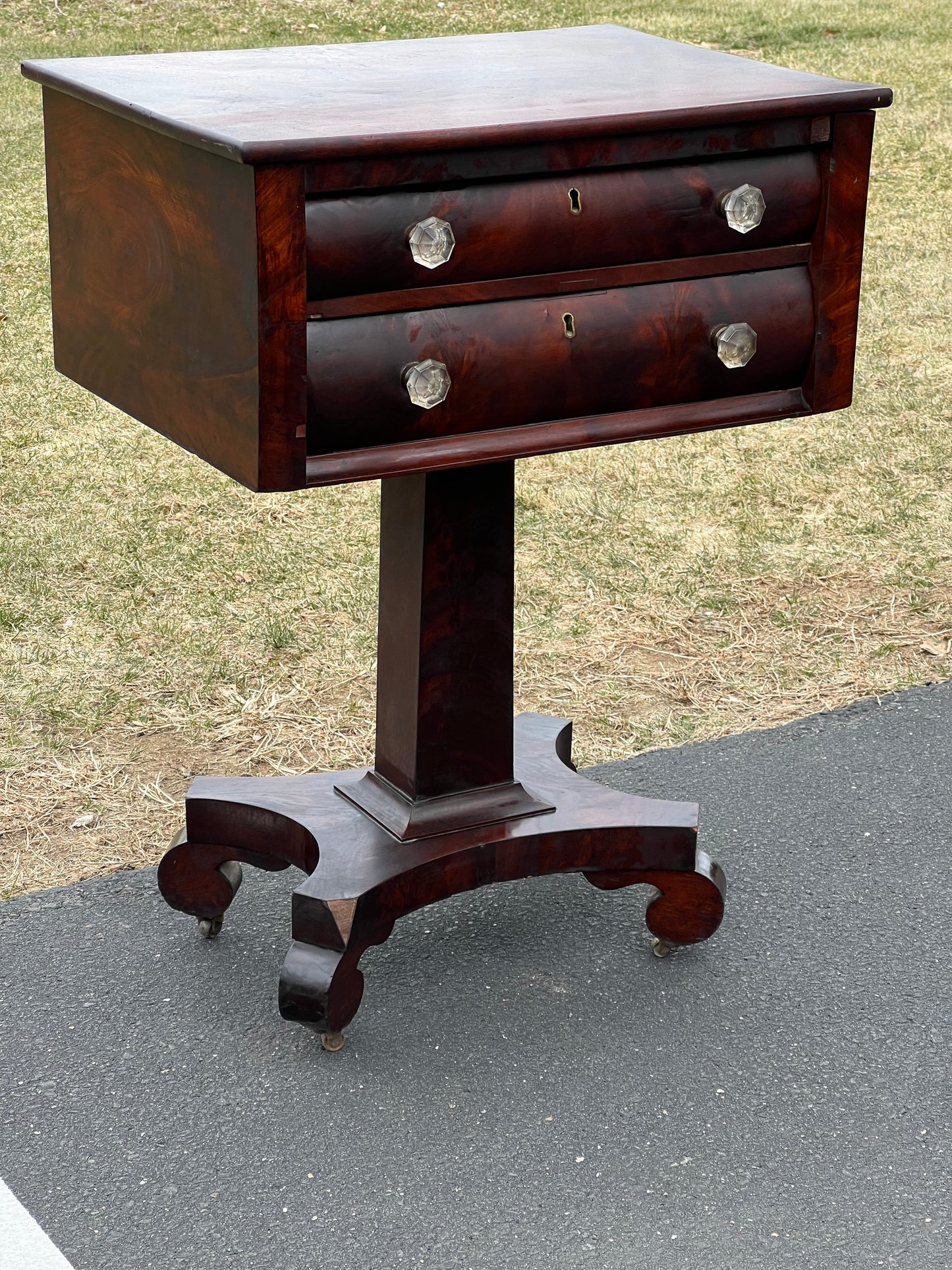 Antique American Empire Flame Mahogany Two Drawer Stand c. 1840