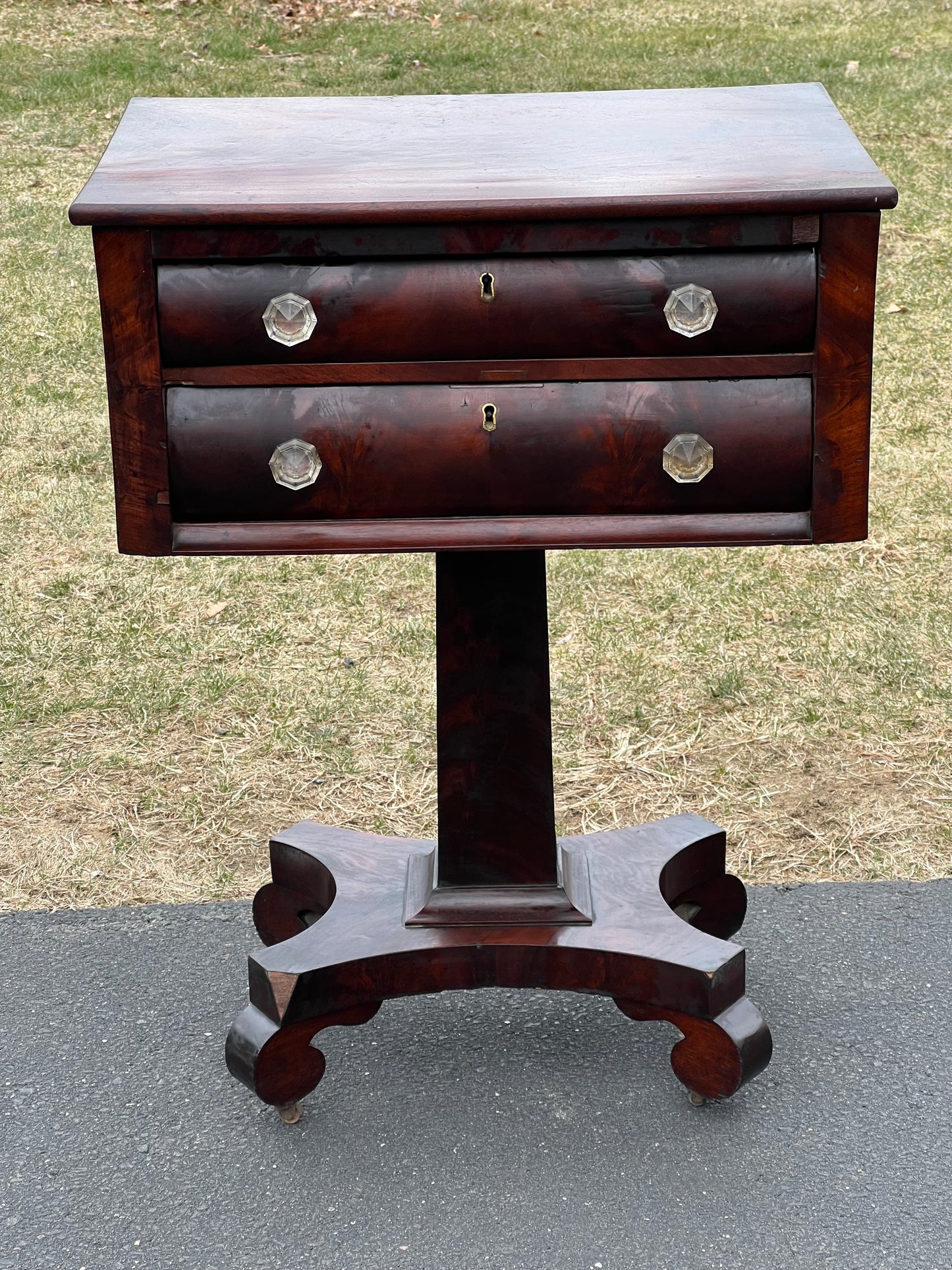 Antique American Empire Flame Mahogany Two Drawer Stand c. 1840