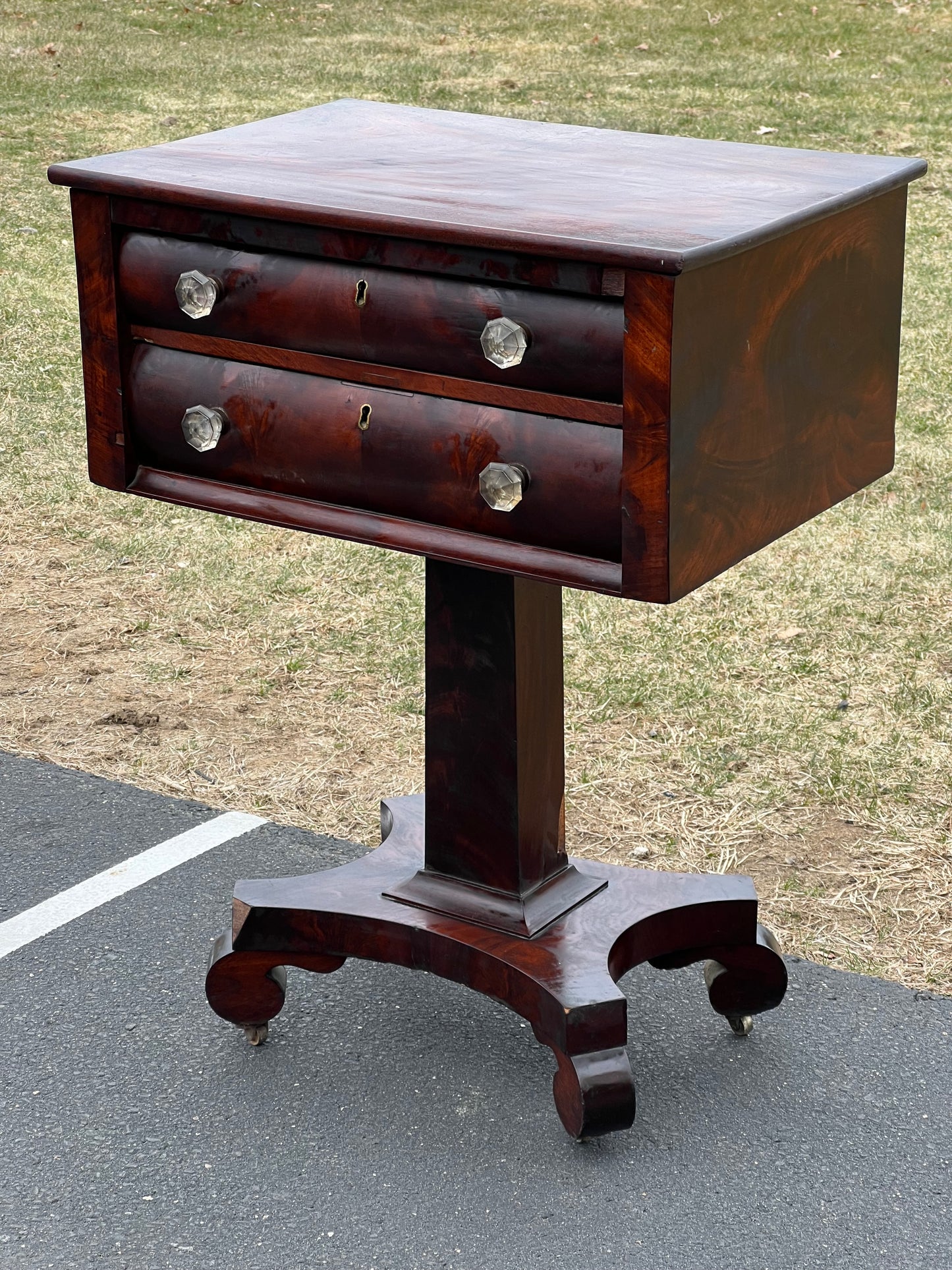 Antique American Empire Flame Mahogany Two Drawer Stand c. 1840