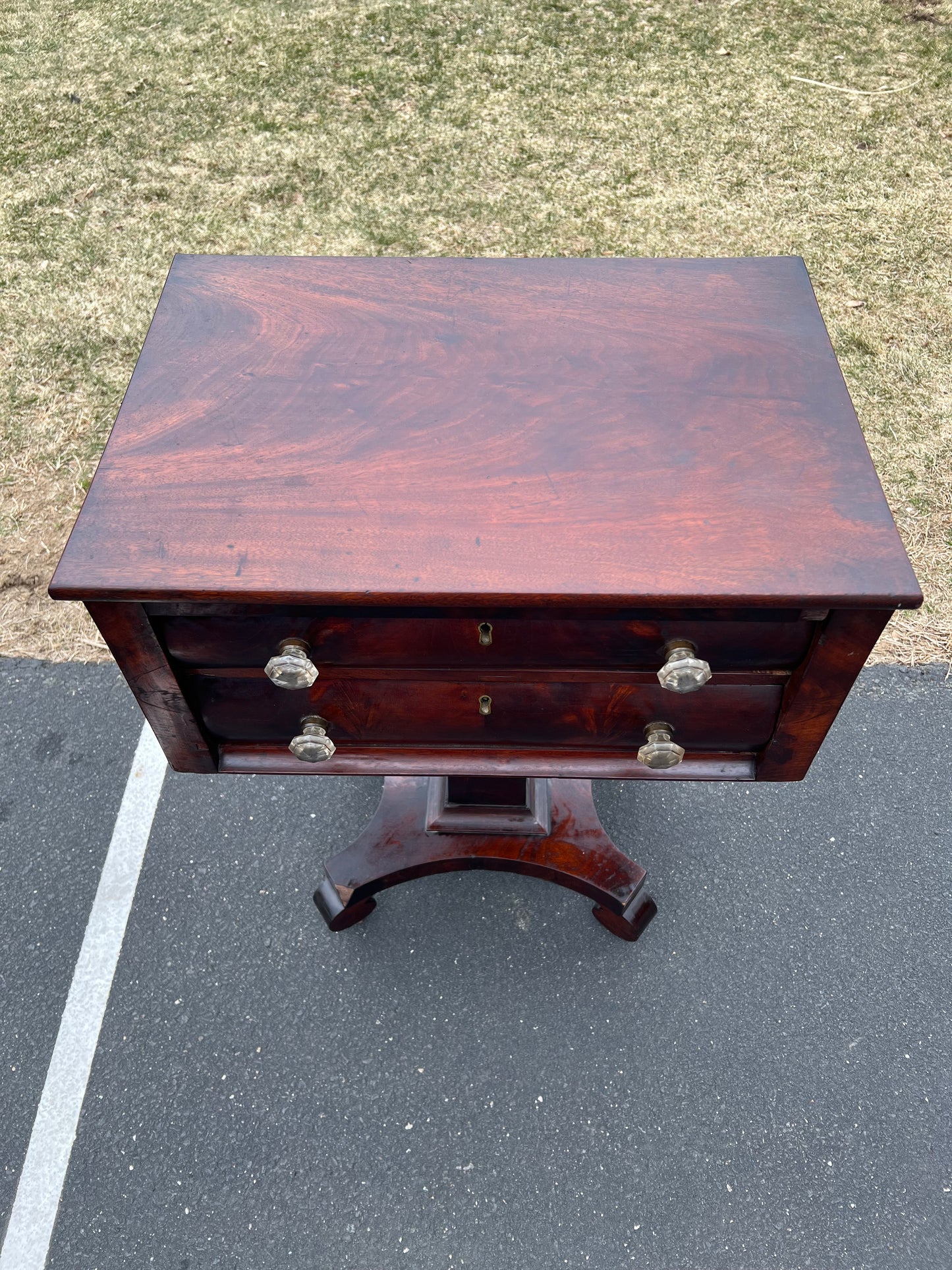 Antique American Empire Flame Mahogany Two Drawer Stand c. 1840